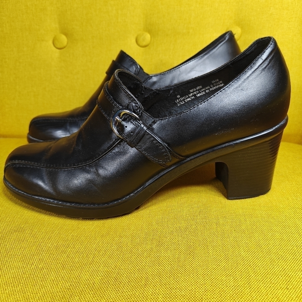 Dansko Women Heels Loafers Black Leather Casual Slip On Clogs Buckle Sz 11.5-12